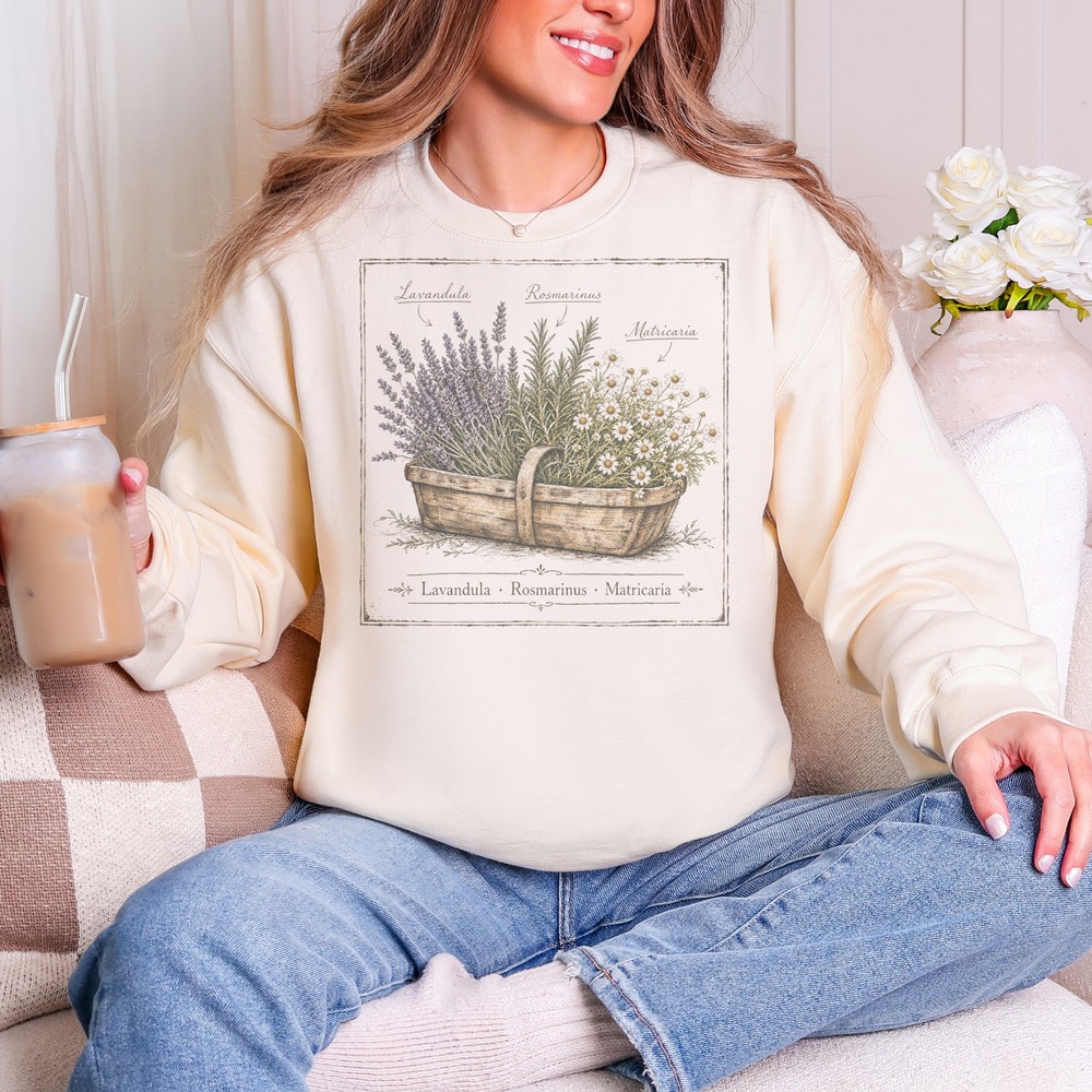 Lavandula Rosmarinus Matricaria Herb Basket Botanical Sweatshirt